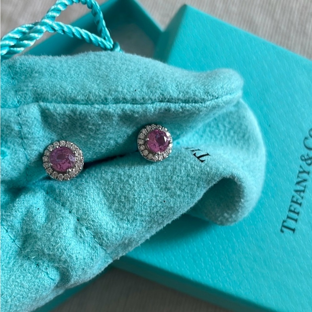 Tiffany & CO Soleste Pink Sapphire & Diamond earrings.